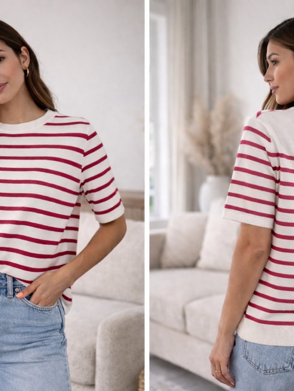 Striped Short-Sleeve Knit Top - Pink/White